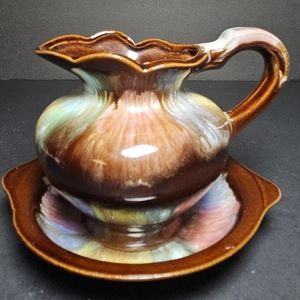 Vtg Kenmar Japan Creamer Pitcher Brown With Rainbow Drip Glaze & Matching Bowl